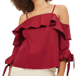 NEW Topshop Ruffle Off-The-Shoulder Burgundy Top